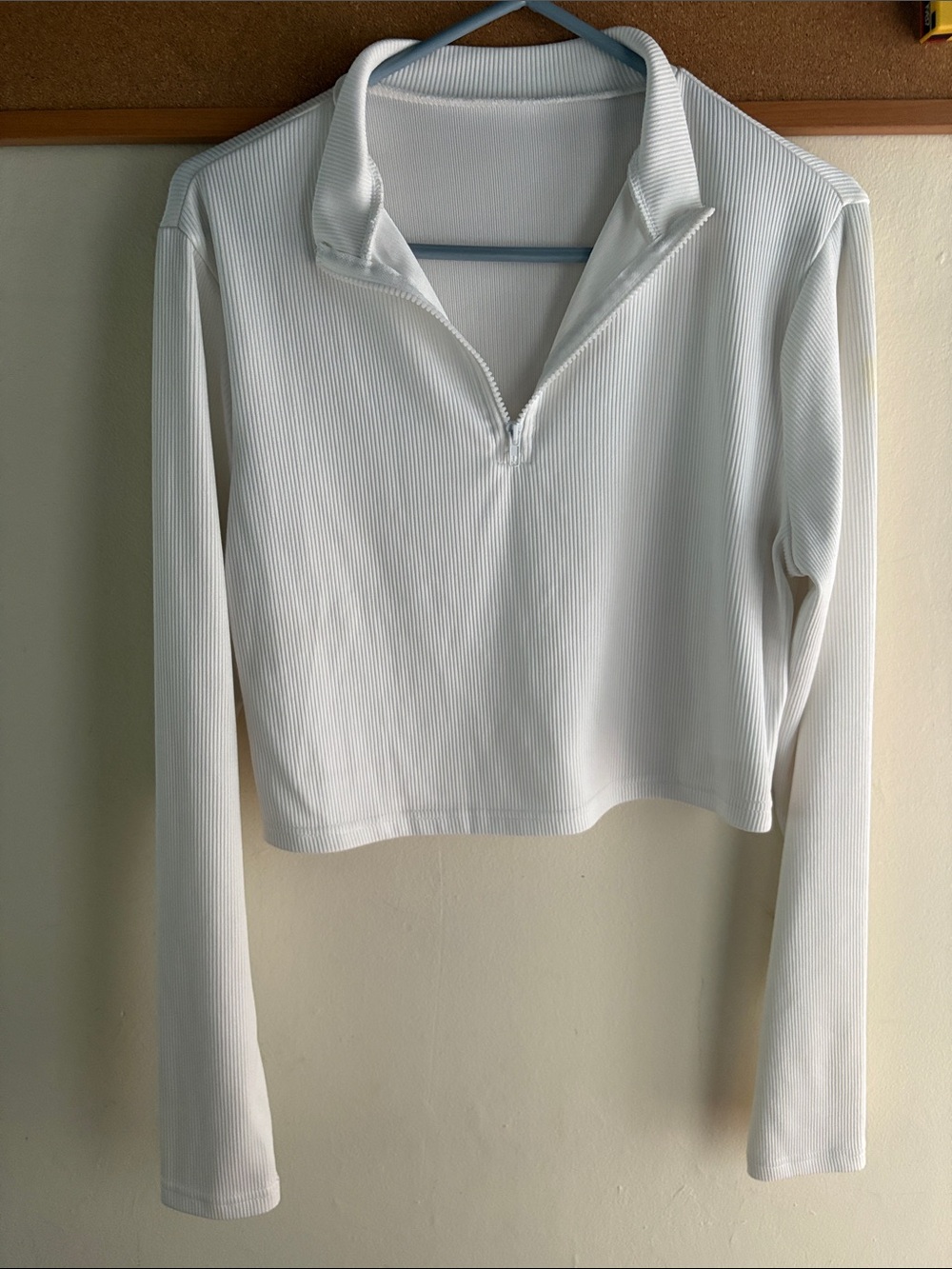White Ribbed Half-Zip Cropped Long Sleeve Top